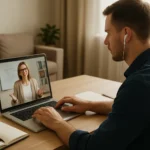 Férfi online tanfolyamon vesz részt laptopján, digitális oktatás.