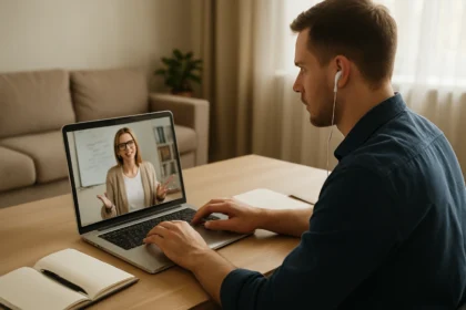 Férfi online tanfolyamon vesz részt laptopján, digitális oktatás.