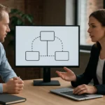 Két szakember vonalkapcsolásról beszélget egy értekezleten.