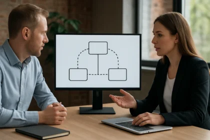 Két szakember vonalkapcsolásról beszélget egy értekezleten.