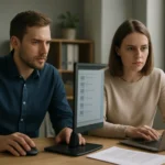 Két ember, fájlkezelést tanulmányozva számítógépen.