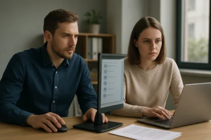 Két ember, fájlkezelést tanulmányozva számítógépen.