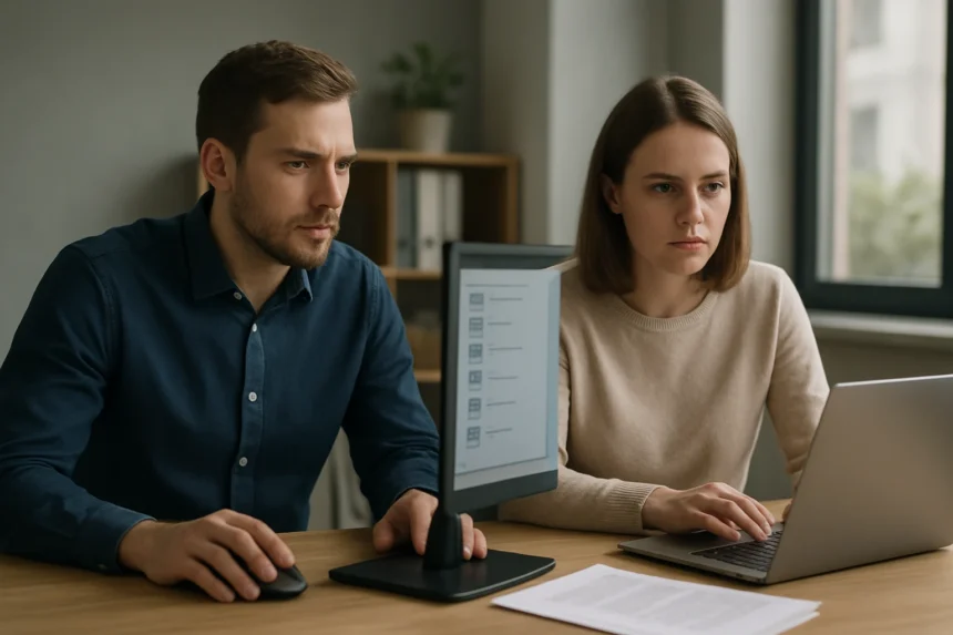 Két ember, fájlkezelést tanulmányozva számítógépen.