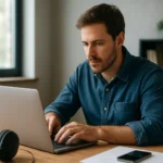 Férfi, aki laptopon dolgozik digitális zenével kapcsolatos feladatokon.