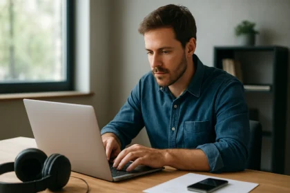 Férfi, aki laptopon dolgozik digitális zenével kapcsolatos feladatokon.