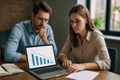 Pár üzletember elemzi a lemorzsolódási rátát számító grafikonokat.