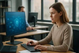 Női felhasználó számítástechnikai munkakörnyezetben, IT biztonsági ikon a monitoron.