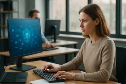 Női felhasználó számítástechnikai munkakörnyezetben, IT biztonsági ikon a monitoron.