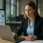 Női szakértő az IBM DB2 adatbázis kezeléséről laptopon dolgozik.