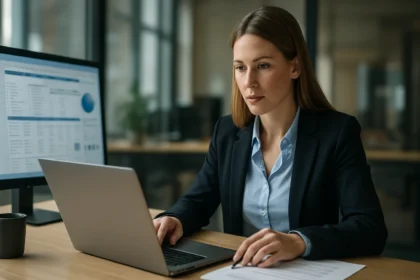 Női szakértő az IBM DB2 adatbázis kezeléséről laptopon dolgozik.