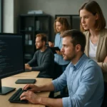 Fejlesztőcsapat munka közben a rolling deployment stratégián.