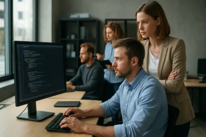 Fejlesztőcsapat munka közben a rolling deployment stratégián.