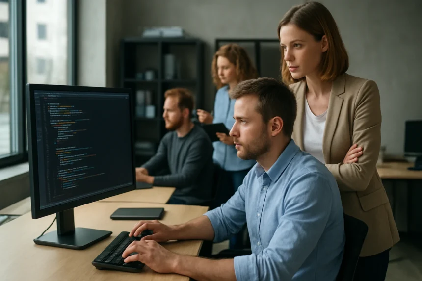 Fejlesztőcsapat munka közben a rolling deployment stratégián.