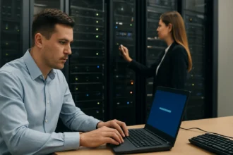 Adatközpont munkatársai a failover rendszereken dolgoznak.