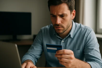 Férfi kártyabirtokosi adatokat ellenőriz laptopon