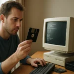 Férfi régi számítógép előtt, floppy lemezt tart a kezében, DOS képernyővel.