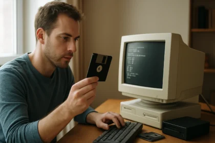 Férfi régi számítógép előtt, floppy lemezt tart a kezében, DOS képernyővel.