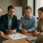 Business team discussing a project case analysis with charts.