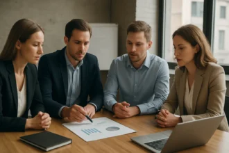 Business team discussing a project case analysis with charts.