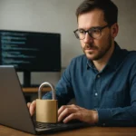 A szakember a laptopján dolgozik, mellett egy lakat, amely a biztonságot jelképezi.