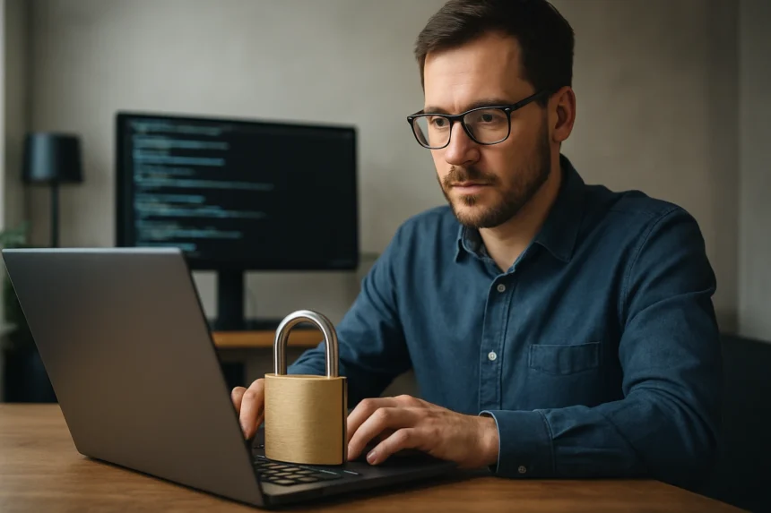 A szakember a laptopján dolgozik, mellett egy lakat, amely a biztonságot jelképezi.