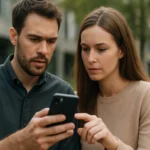 Fiatal pár, akik egy okostelefon képernyőjét nézik