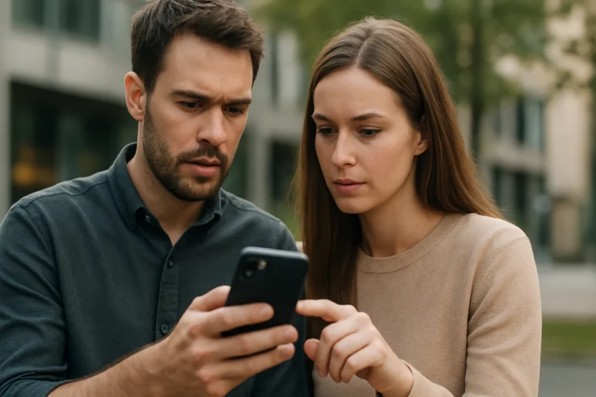 Fiatal pár, akik egy okostelefon képernyőjét nézik