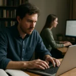 Két ember számítógépen dolgozik, a digitális archívum kutatása közben.