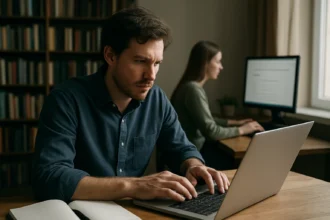 Két ember számítógépen dolgozik, a digitális archívum kutatása közben.