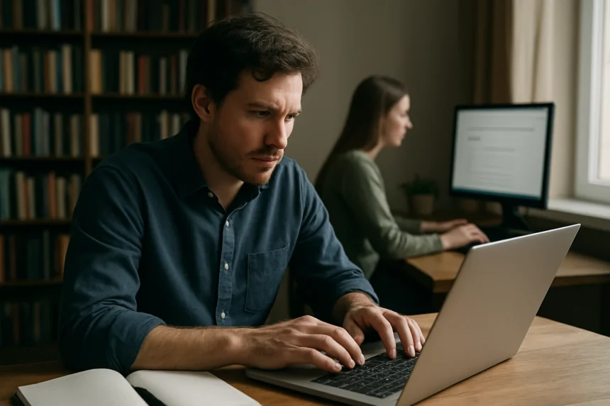 Két ember számítógépen dolgozik, a digitális archívum kutatása közben.