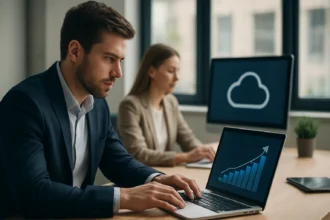 Férfi számítógépezik a felhőalapú megoldások használatával