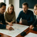 Csoport tagjai asztalnál katasztrófaelhárítási térképpel dolgoznak.