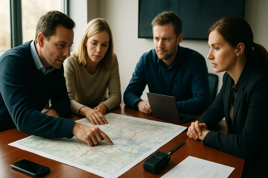 Csoport tagjai asztalnál katasztrófaelhárítási térképpel dolgoznak.