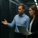 Két szakember adatközpontban, DCaaS bemutató során laptop használatával.