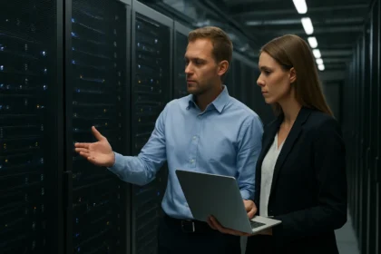 Két szakember adatközpontban, DCaaS bemutató során laptop használatával.