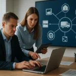 Két szakember a digitális ellátási lánc tervezésén dolgozik számítógépen és táblagépen.