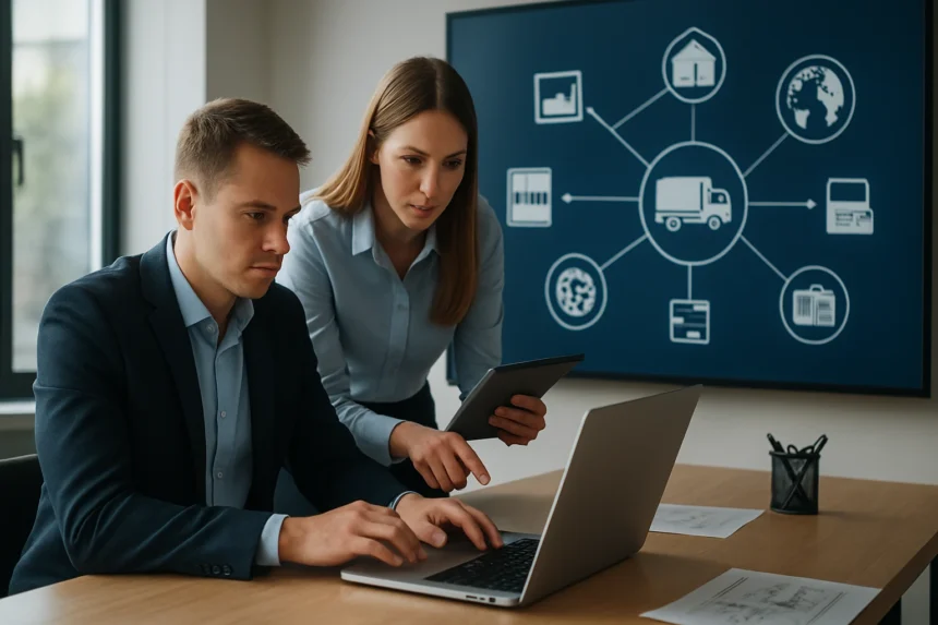 Két szakember a digitális ellátási lánc tervezésén dolgozik számítógépen és táblagépen.