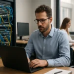 Férfi informatikus dolgozik laptopon hálózati környezetben.