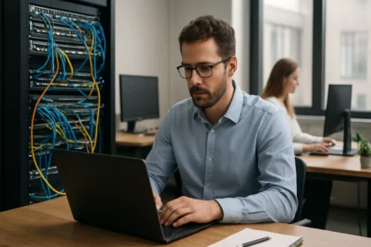 Férfi informatikus dolgozik laptopon hálózati környezetben.