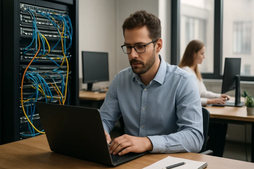 Férfi informatikus dolgozik laptopon hálózati környezetben.