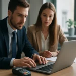 Két üzleti szakember fizetési alkalmazások biztonságáról tárgyal