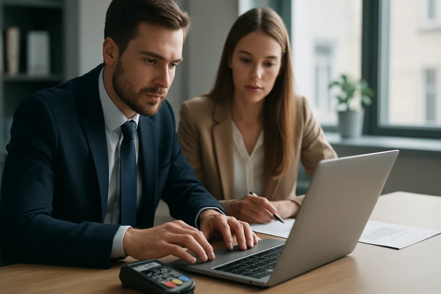 Két üzleti szakember fizetési alkalmazások biztonságáról tárgyal