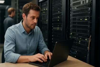 IT szakember laptopon dolgozik szerverek előtt az erőforrás-kiosztás folyamatában.