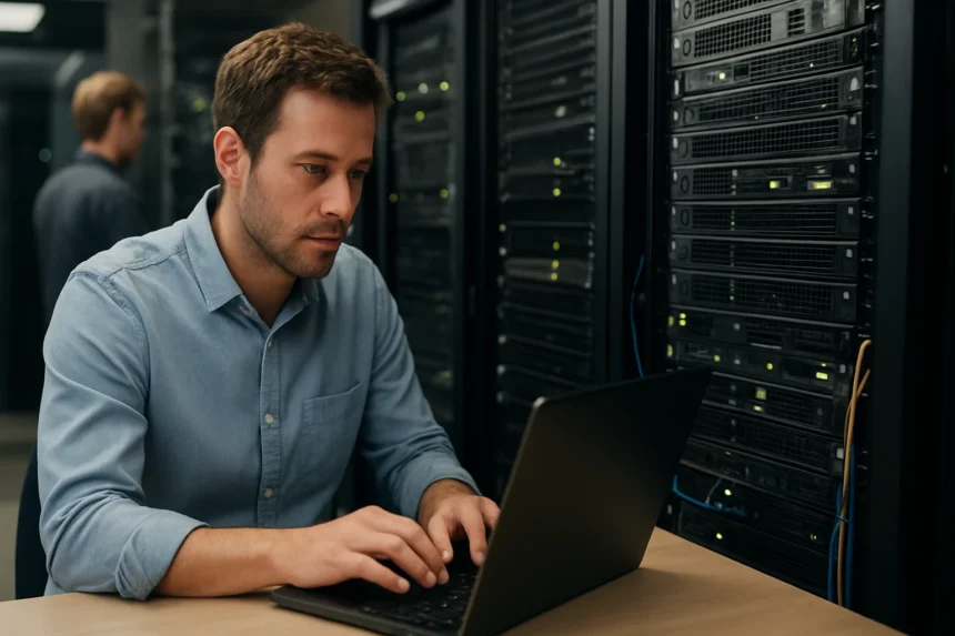 IT szakember laptopon dolgozik szerverek előtt az erőforrás-kiosztás folyamatában.