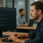 Programozó natív kódot ír a számítógépén szoftverfejlesztéshez