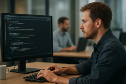 Programozó natív kódot ír a számítógépén szoftverfejlesztéshez