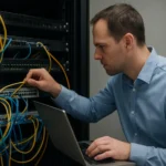 Technikai szakember CSU/DSU berendezésekkel dolgozik hálózati környezetben.