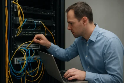 Technikai szakember CSU/DSU berendezésekkel dolgozik hálózati környezetben.