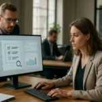 Két munkatárs a megfelelőségi automatizálásról diskurál egy számítógép előtt.