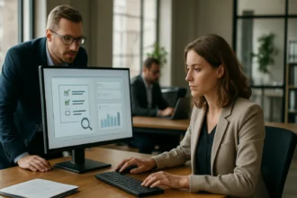 Két munkatárs a megfelelőségi automatizálásról diskurál egy számítógép előtt.